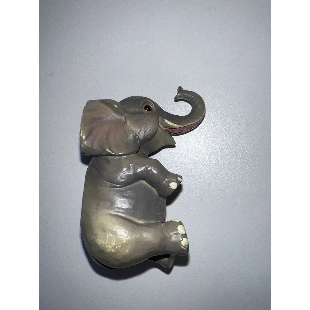 Hand Carved Mini Lucky Elephant Figurine Trunk Raised 3 Inch Gray 2007 Signed‎